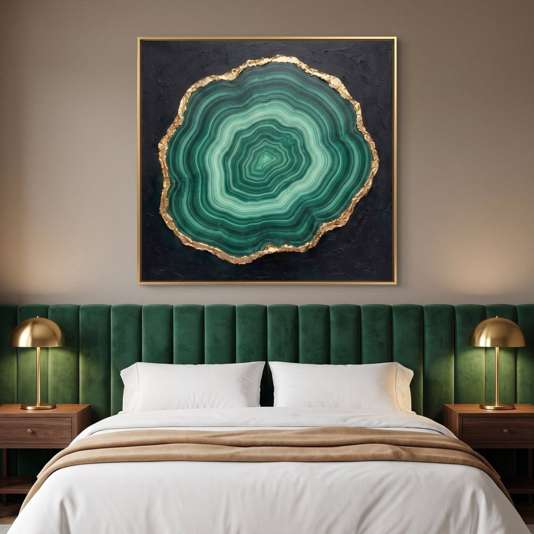 Malachite Wall Art – Oversized Emerald Green and Gold Stone Slice Textured Look Canvas for Living Room - Sense for Decor