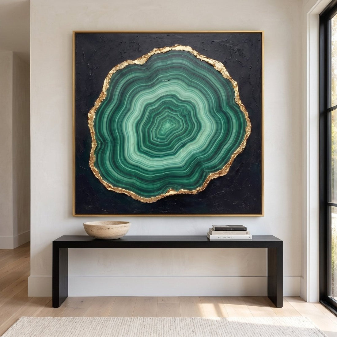 Malachite Wall Art – Oversized Emerald Green and Gold Stone Slice Textured Look Canvas for Living Room - Sense for Decor