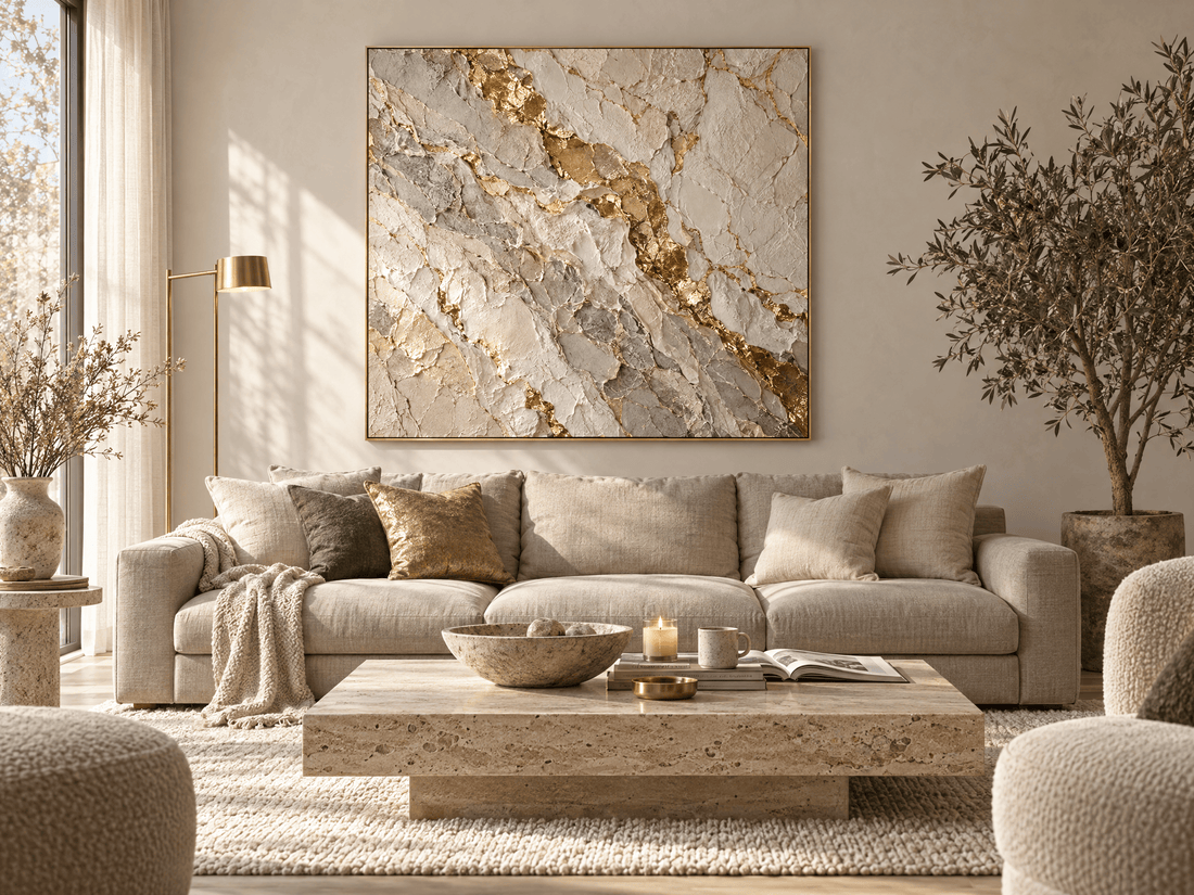Cream and grey marble canvas with gold veins above a linen sofa in a living room