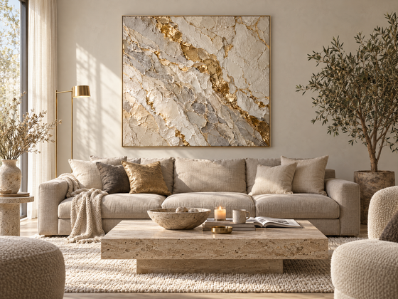 Gold Marble Wall Art – Oversized Cream and Grey Vein Textured Look Canvas for Living Room