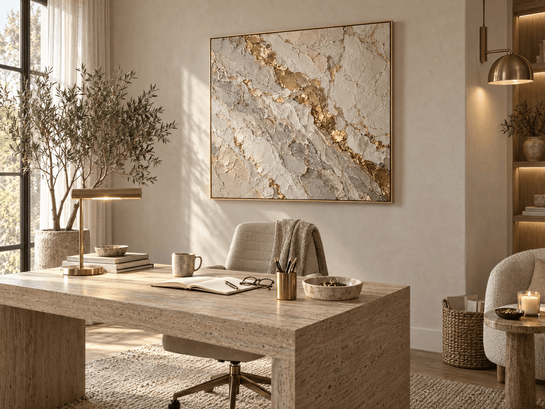 Marble canvas with gold veins above a travertine desk in a home office