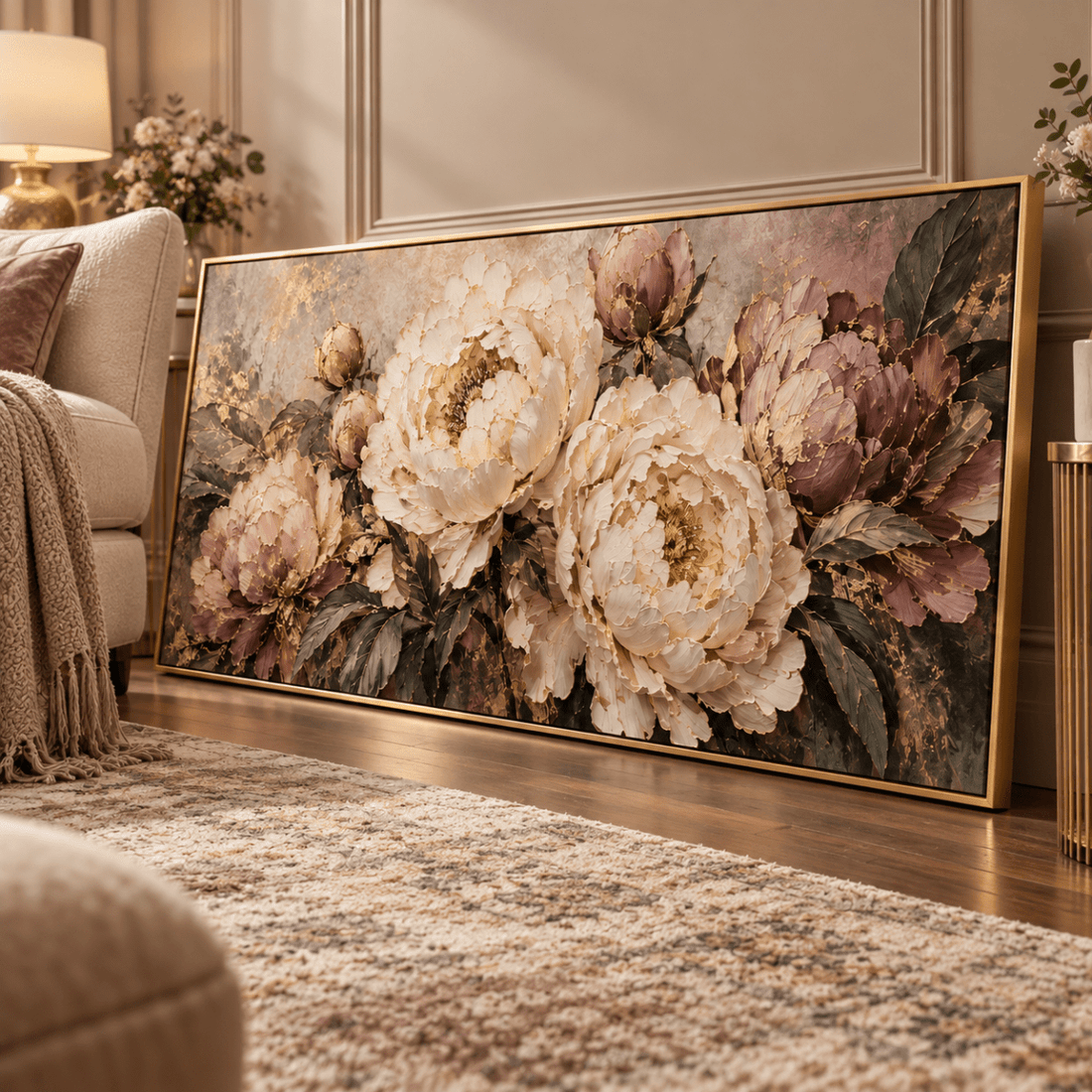 Mauve Peony Wall Art – Oversized Panoramic Dusty Rose and Cream Textured Look Canvas for Living Room - Sense for Decor