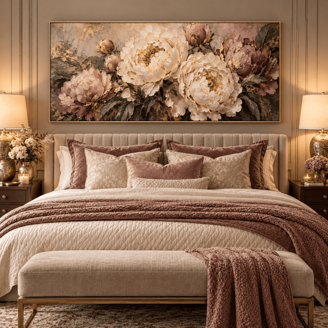 Mauve Peony Wall Art – Oversized Panoramic Dusty Rose and Cream Textured Look Canvas for Living Room - Sense for Decor
