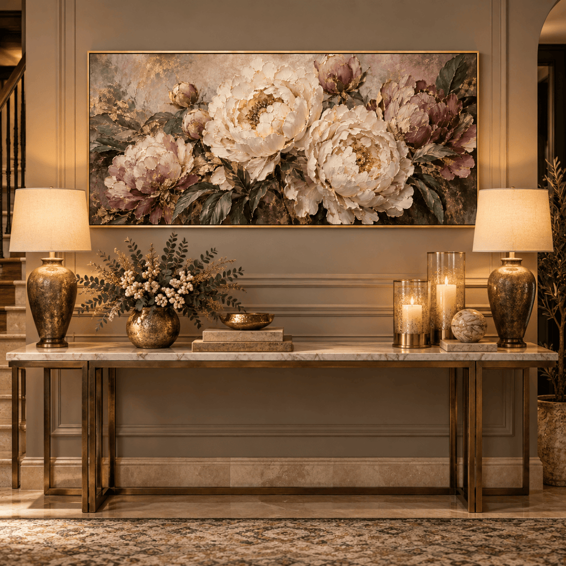 Mauve Peony Wall Art – Oversized Panoramic Dusty Rose and Cream Textured Look Canvas for Living Room - Sense for Decor