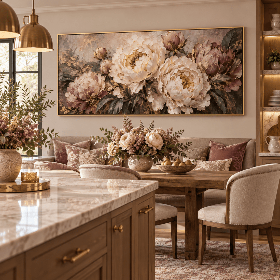Mauve Peony Wall Art – Oversized Panoramic Dusty Rose and Cream Textured Look Canvas for Living Room - Sense for Decor
