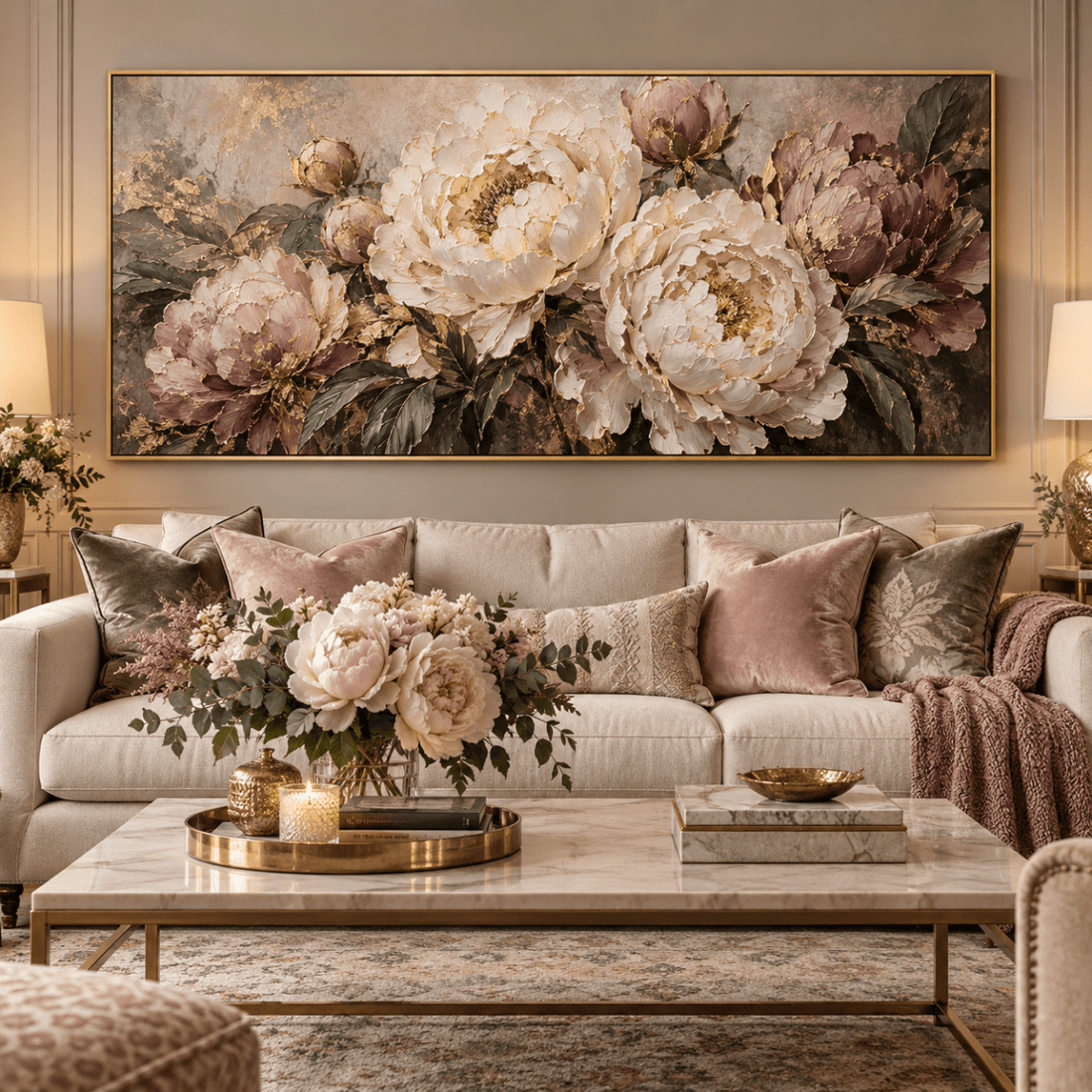 Mauve Peony Wall Art – Oversized Panoramic Dusty Rose and Cream Textured Look Canvas for Living Room - Sense for Decor