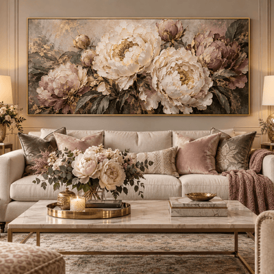 Mauve Peony Wall Art – Oversized Panoramic Dusty Rose and Cream Textured Look Canvas for Living Room - Sense for Decor