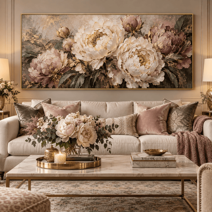 Mauve Peony Wall Art – Oversized Panoramic Dusty Rose and Cream Textured Look Canvas for Living Room - Sense for Decor