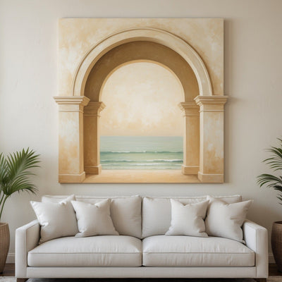 Mediterranean Archway Ocean View Wall Art Flat Canvas Print for Coastal Interiors - Sense for Decor