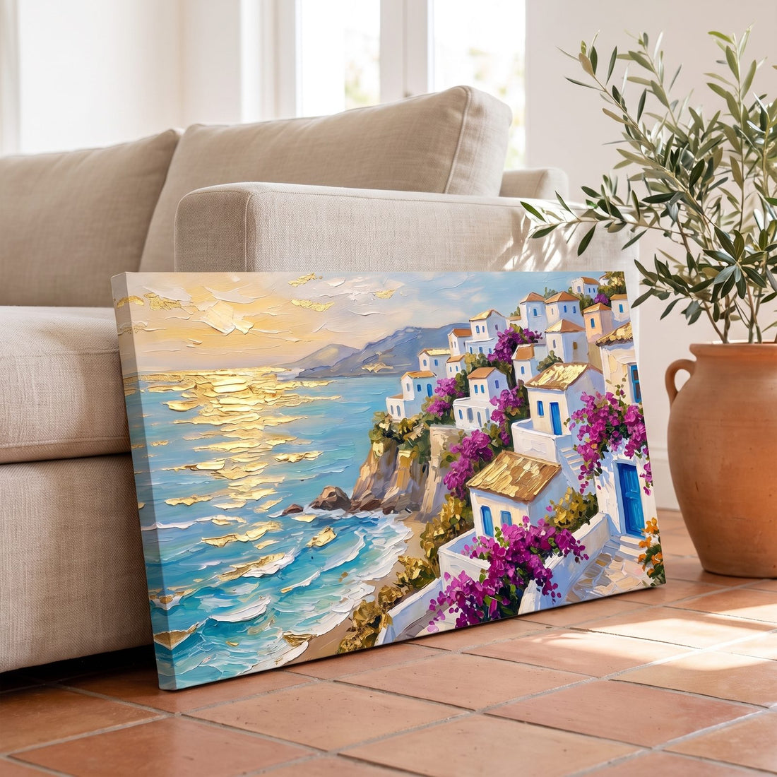 Close-up of the Mediterranean village canvas showing textured sea and bougainvillea