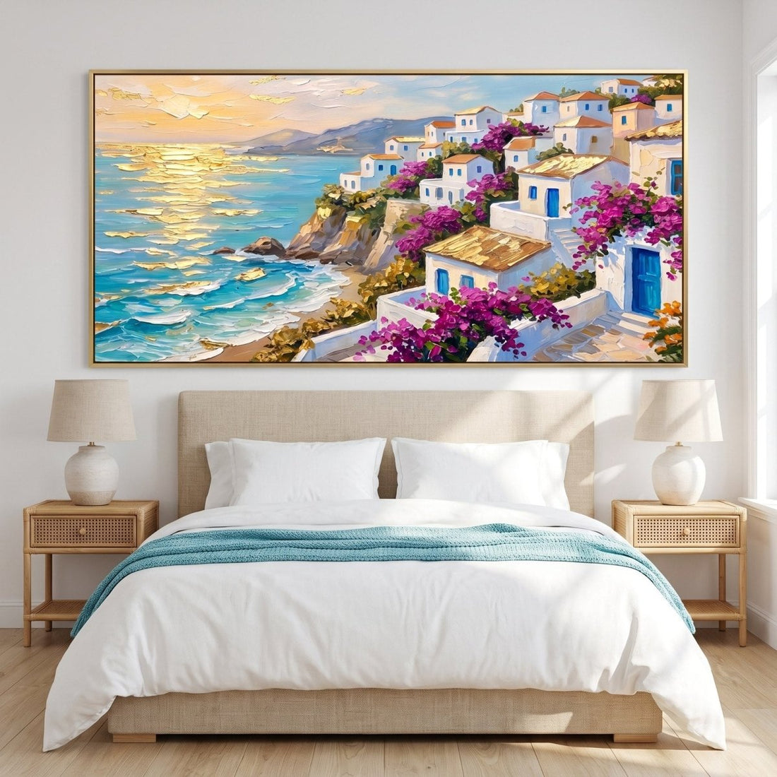 Mediterranean Village Wall Art – Oversized Turquoise Sea and Bougainvillea Panoramic Textured Look Canvas for Living Room - Sense for Decor