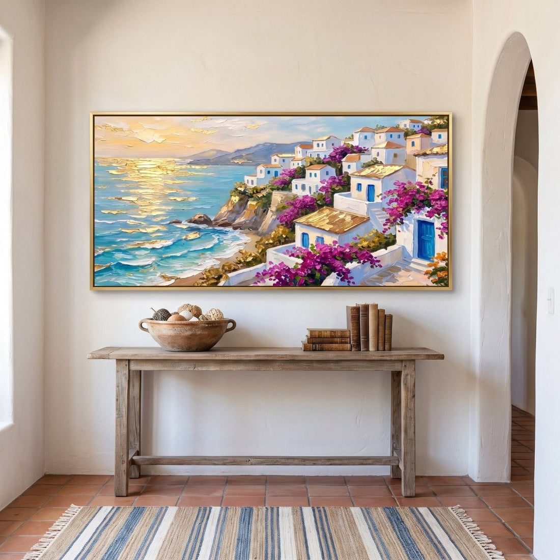 Mediterranean Village Wall Art – Oversized Turquoise Sea and Bougainvillea Panoramic Textured Look Canvas for Living Room - Sense for Decor