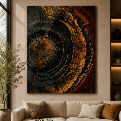 Midnight Ember Tree Ring Wall Art Canvas – Rustic Modern Abstract Wood Slice Decor - Sense for Decor
