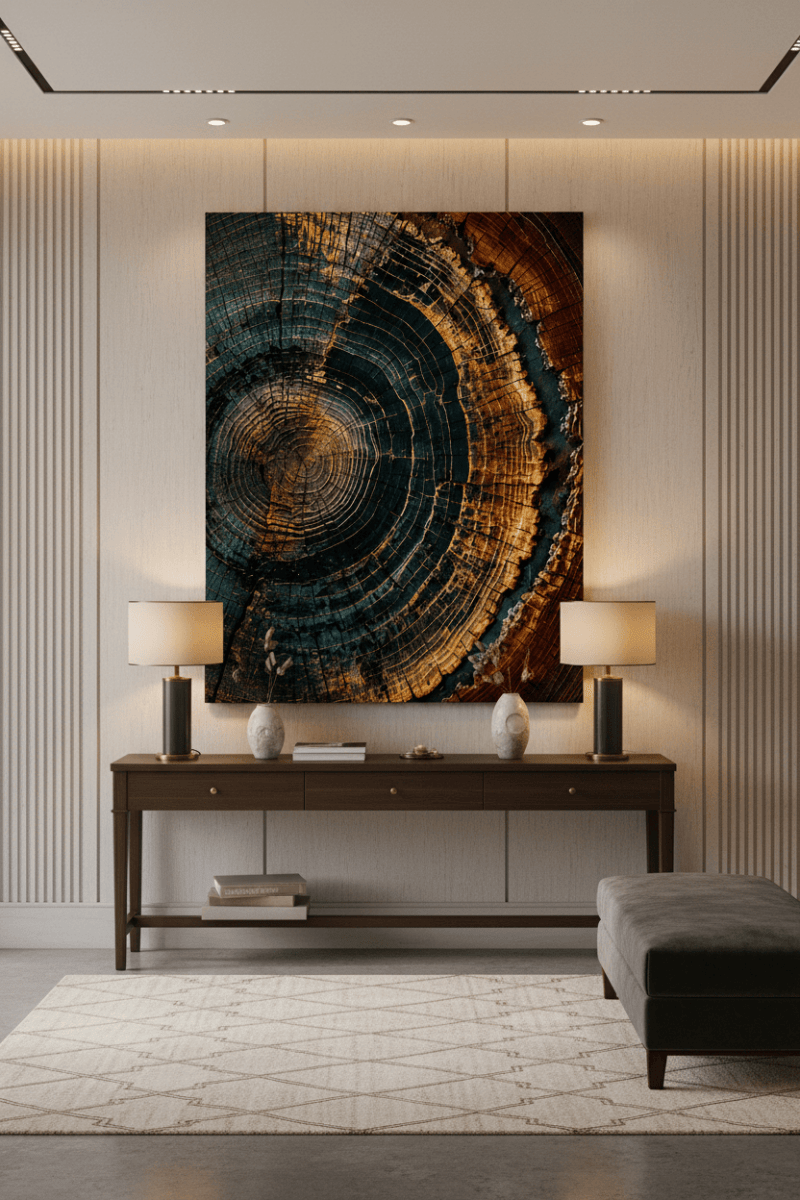 Midnight Ember Tree Ring Wall Art Canvas – Rustic Modern Abstract Wood Slice Decor - Sense for Decor