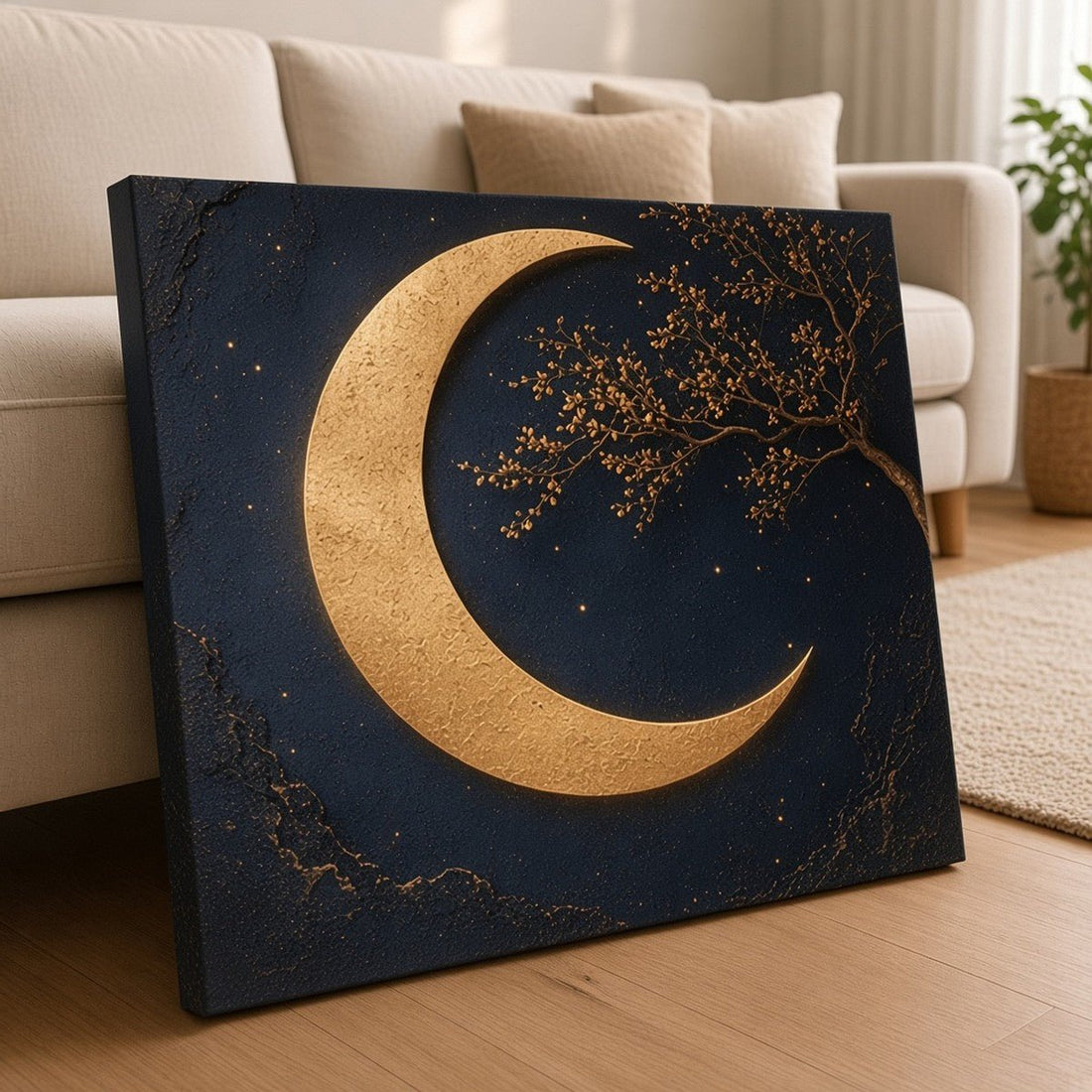 Midnight Navy Crescent Moon Wall Art – Oversized Navy and Gold Crescent Moon Textured Look Canvas for Living Room - Sense for Decor