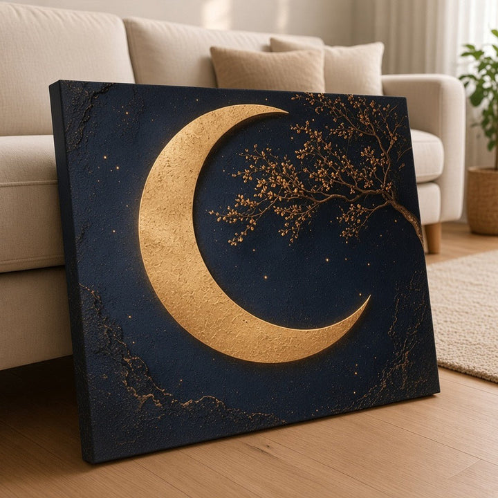 Midnight Navy Crescent Moon Wall Art – Oversized Navy and Gold Crescent Moon Textured Look Canvas for Living Room - Sense for Decor