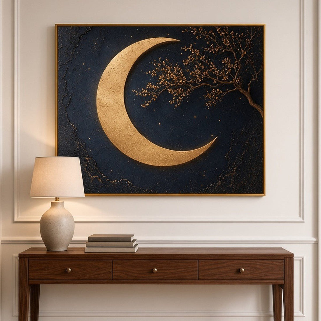 Midnight Navy Crescent Moon Wall Art – Oversized Navy and Gold Crescent Moon Textured Look Canvas for Living Room - Sense for Decor
