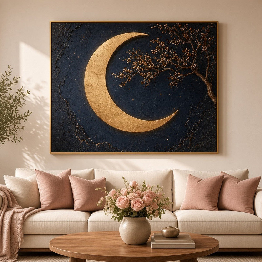 Midnight Navy Crescent Moon Wall Art – Oversized Navy and Gold Crescent Moon Textured Look Canvas for Living Room - Sense for Decor