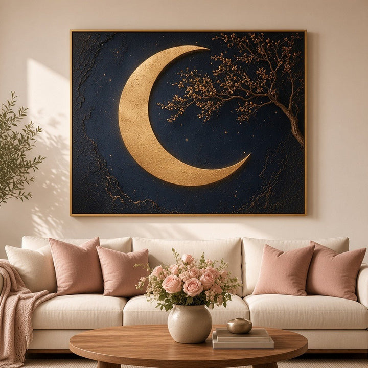 Midnight Navy Crescent Moon Wall Art – Oversized Navy and Gold Crescent Moon Textured Look Canvas for Living Room - Sense for Decor