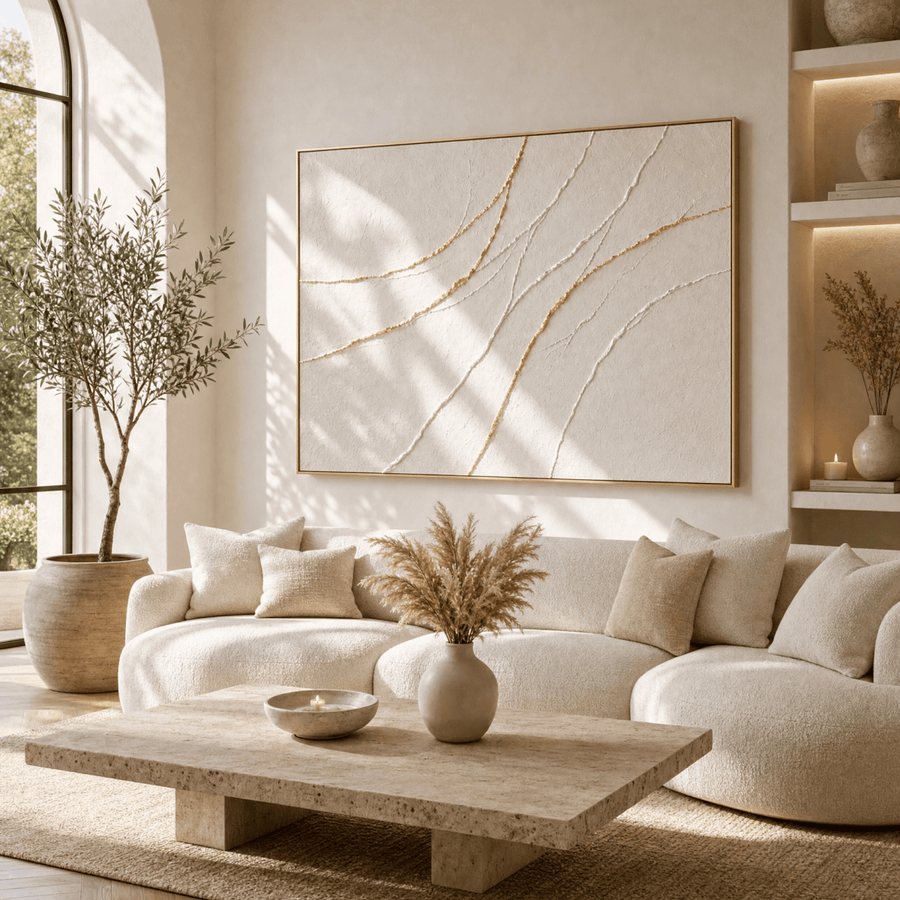 Minimalist Cream & Gold Wall Art | Hand-Embellished Textured Canvas | Neutral Abstract Large Statement Piece - Sense for Decor