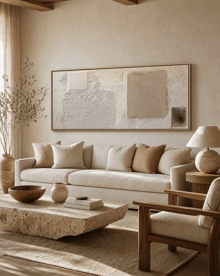 Minimalist Plaster Abstract Wall Art – Cream and Stone Relief Canvas - Sense for Decor