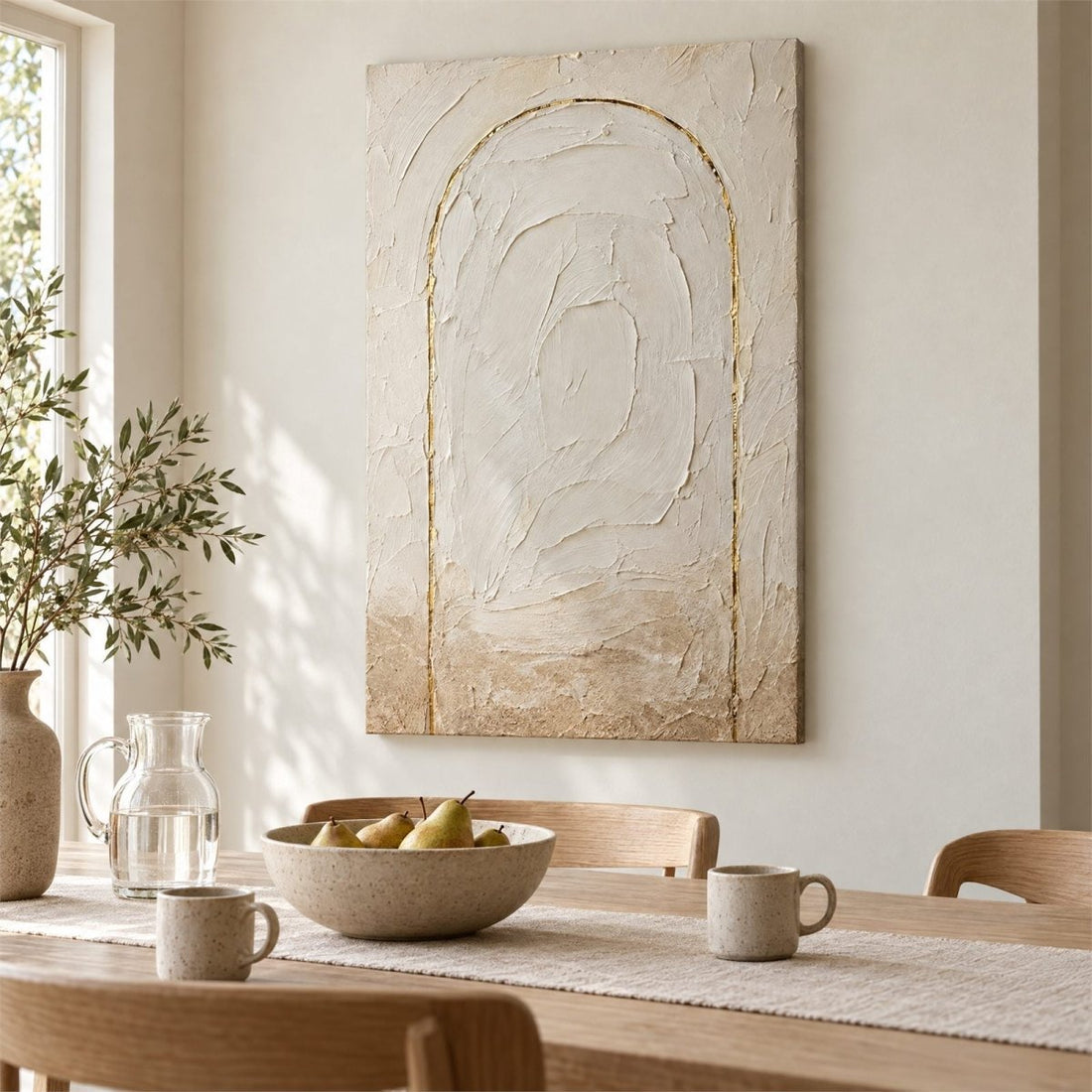 Minimalist Wall Art – Oversized Cream and Gold Plaster Arch Textured Look Canvas for Living Room - Sense for Decor