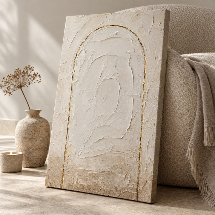 Minimalist Wall Art – Oversized Cream and Gold Plaster Arch Textured Look Canvas for Living Room - Sense for Decor