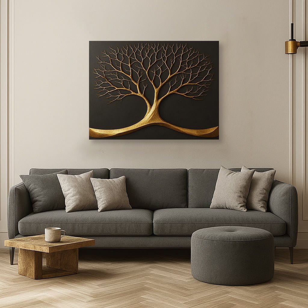 Modern Balance Tree Wall Art – Golden Symmetrical Tree Canvas for Living Room Decor - Sense for Decor