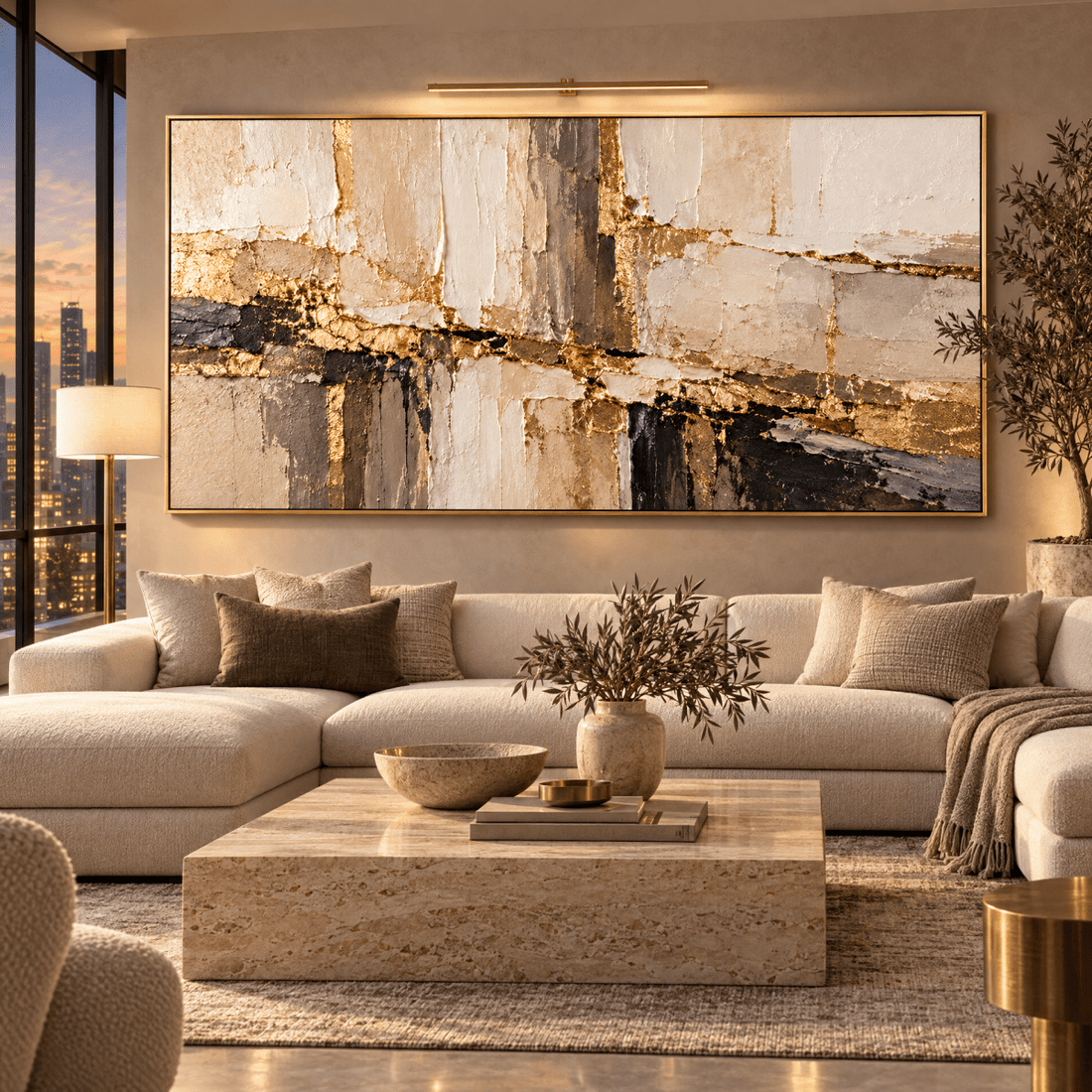 Modern Gold Leaf Abstract Wall Art – Oversized Cream and Taupe Textured Look Canvas for Living Room - Sense for Decor