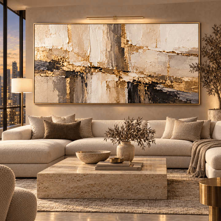 Modern Gold Leaf Abstract Wall Art – Oversized Cream and Taupe Textured Look Canvas for Living Room - Sense for Decor