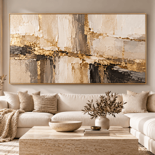 Modern Gold Leaf Abstract Wall Art – Oversized Cream and Taupe Textured Look Canvas for Living Room