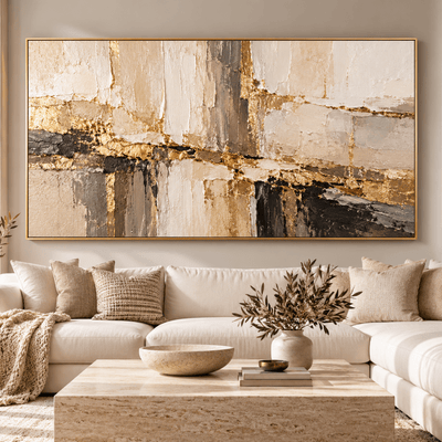 Modern Gold Leaf Abstract Wall Art – Oversized Cream and Taupe Textured Look Canvas for Living Room - Sense for Decor