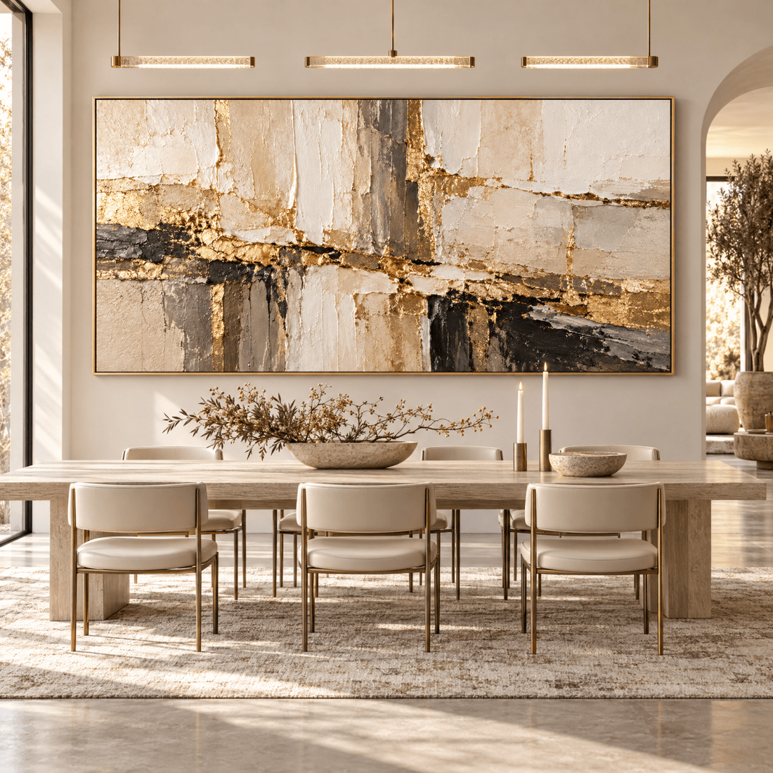 Modern Gold Leaf Abstract Wall Art – Oversized Cream and Taupe Textured Look Canvas for Living Room - Sense for Decor