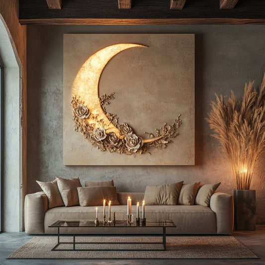 Moon and Roses Wall Art – Illuminated Crescent Canvas Décor - Sense for Decor