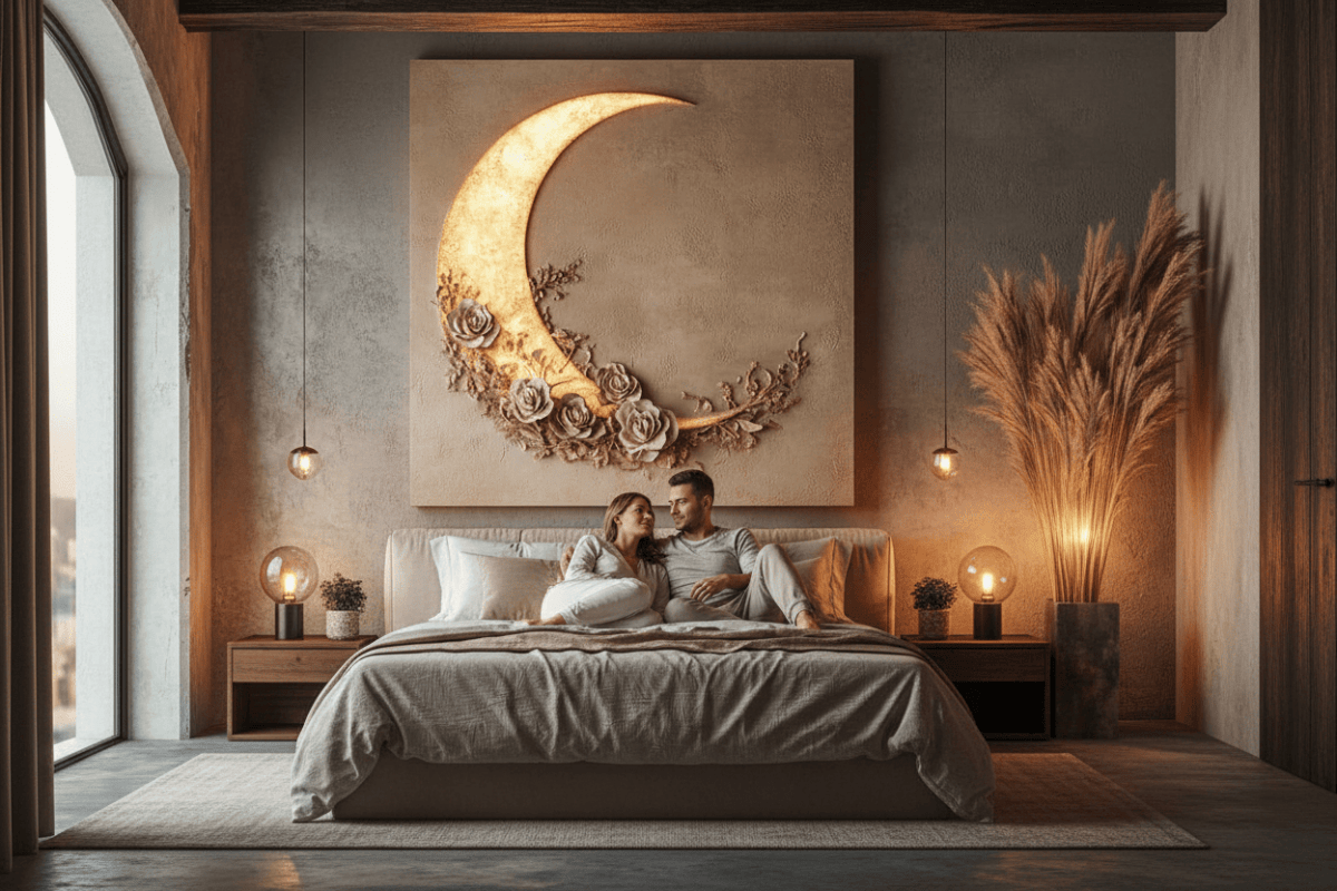 Moon and Roses Wall Art – Illuminated Crescent Canvas Décor - Sense for Decor