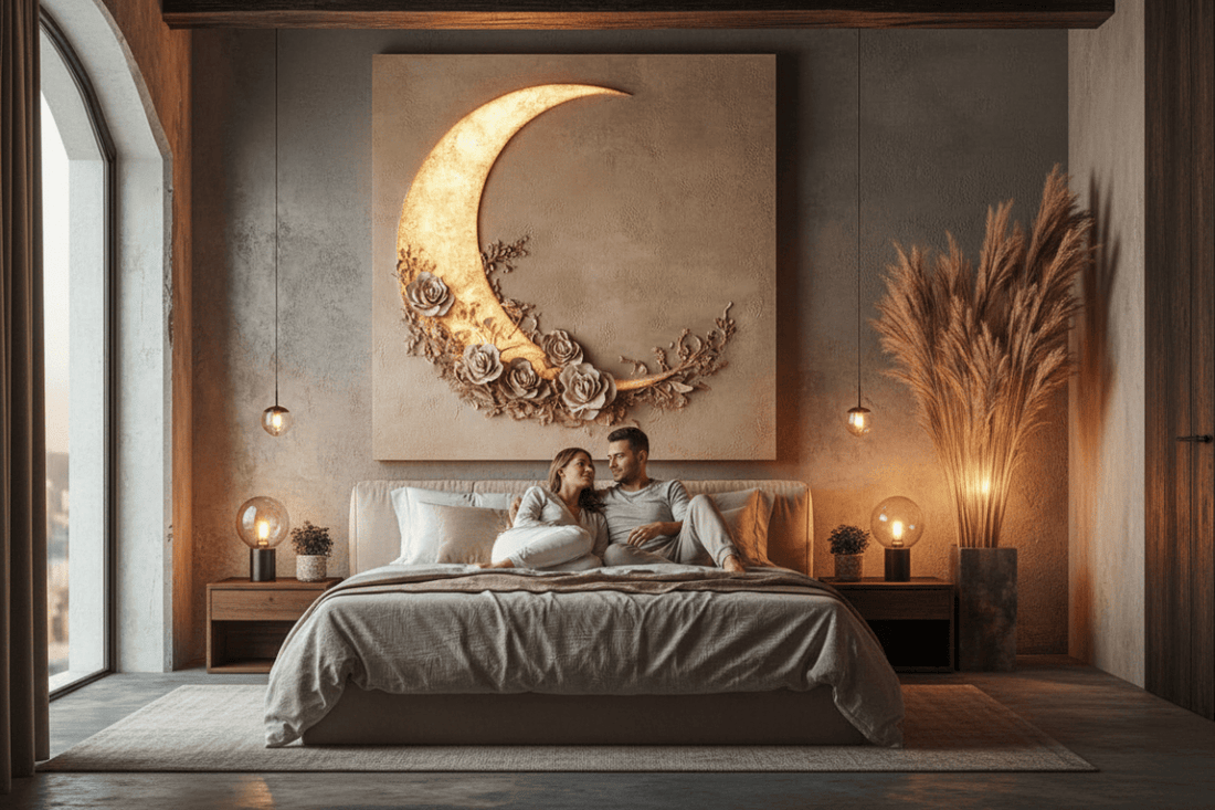 Moon and Roses Wall Art – Illuminated Crescent Canvas Décor - Sense for Decor