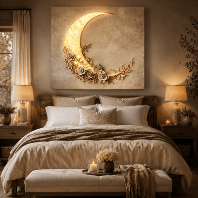 Moon and Roses Wall Art – Illuminated Crescent Canvas Décor - Sense for Decor