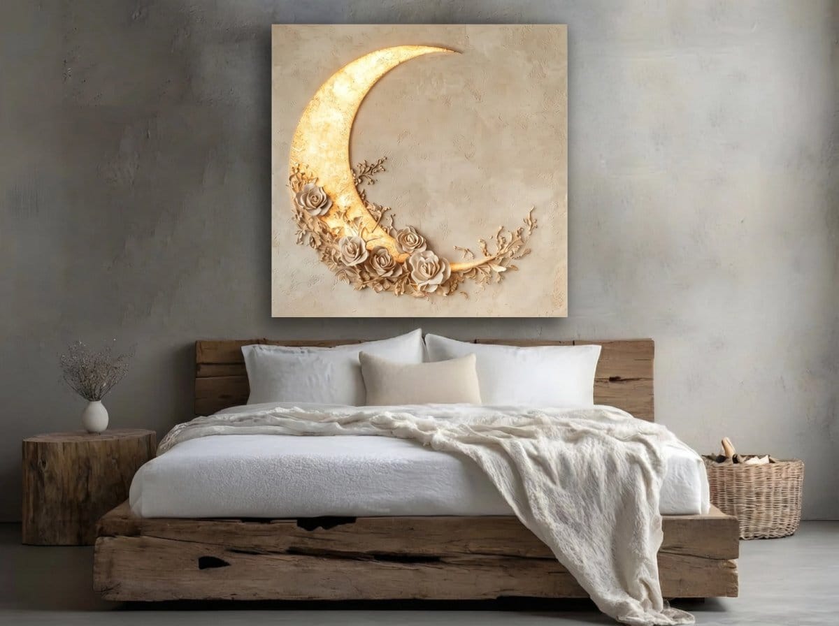 Moon and Roses Wall Art – Illuminated Crescent Canvas Décor - Sense for Decor