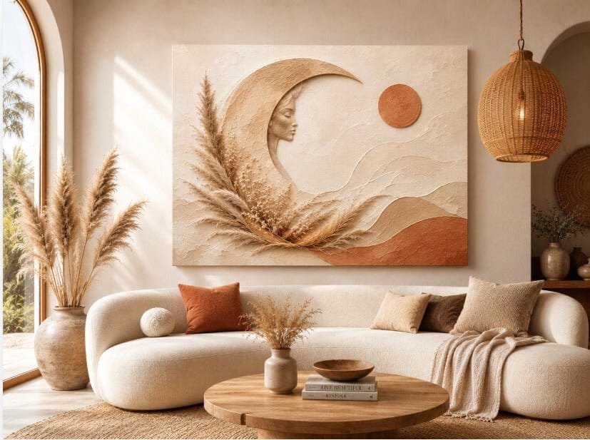 Moon Goddess Pampas Grass Wall Art – Neutral Boho Canvas Print for Living Room & Bedroom Decor - Sense for Decor