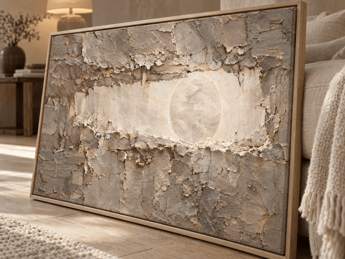 Moon Wall Art – Oversized Cream and Grey Carved Stone Textured Look Canvas for Living Room - Sense for Decor