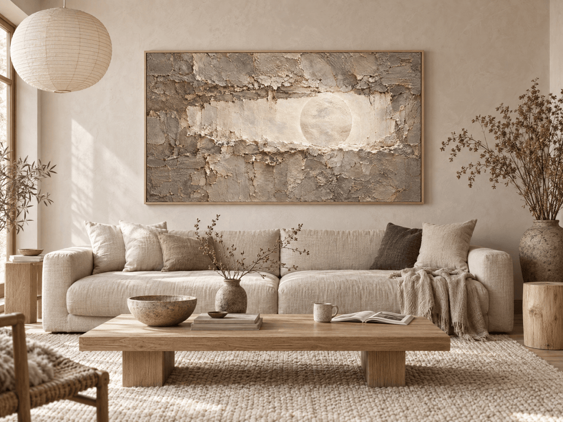 Moon Wall Art – Oversized Cream and Grey Carved Stone Textured Look Canvas for Living Room - Sense for Decor