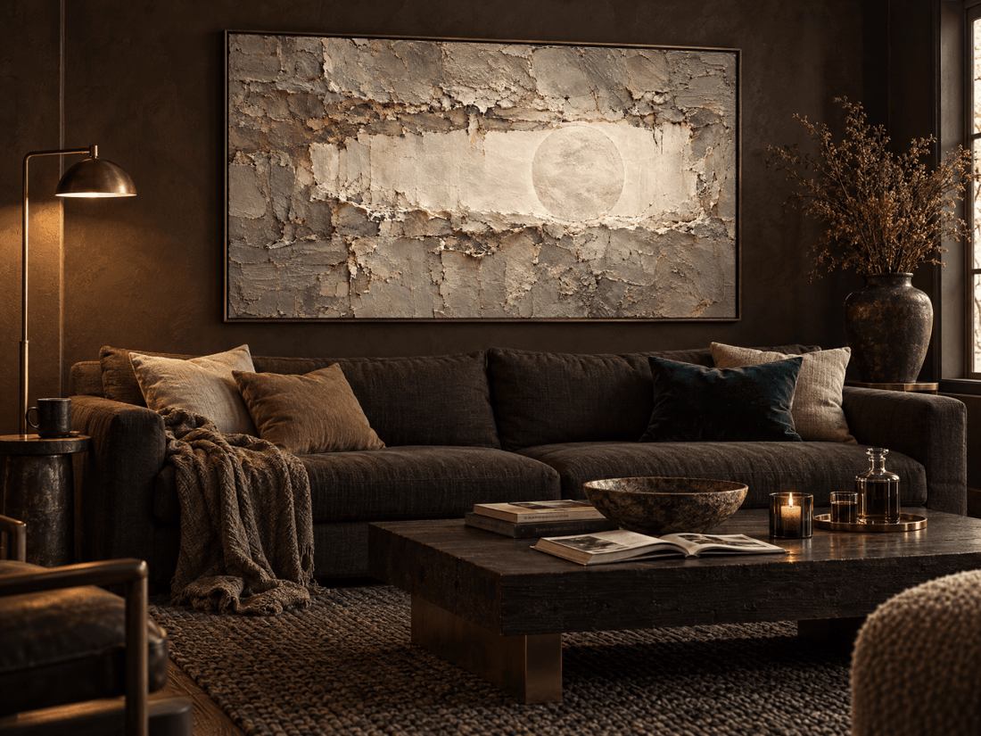 Moon Wall Art – Oversized Cream and Grey Carved Stone Textured Look Canvas for Living Room - Sense for Decor