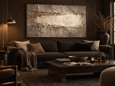 Moon Wall Art – Oversized Cream and Grey Carved Stone Textured Look Canvas for Living Room - Sense for Decor