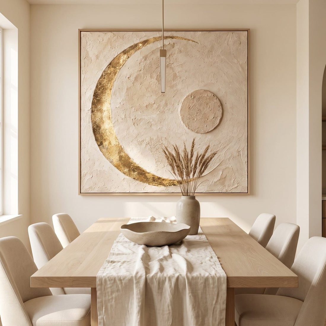 Moon Wall Art – Oversized Gilded Crescent Plaster Textured Look Canvas for Bedroom - Sense for Decor