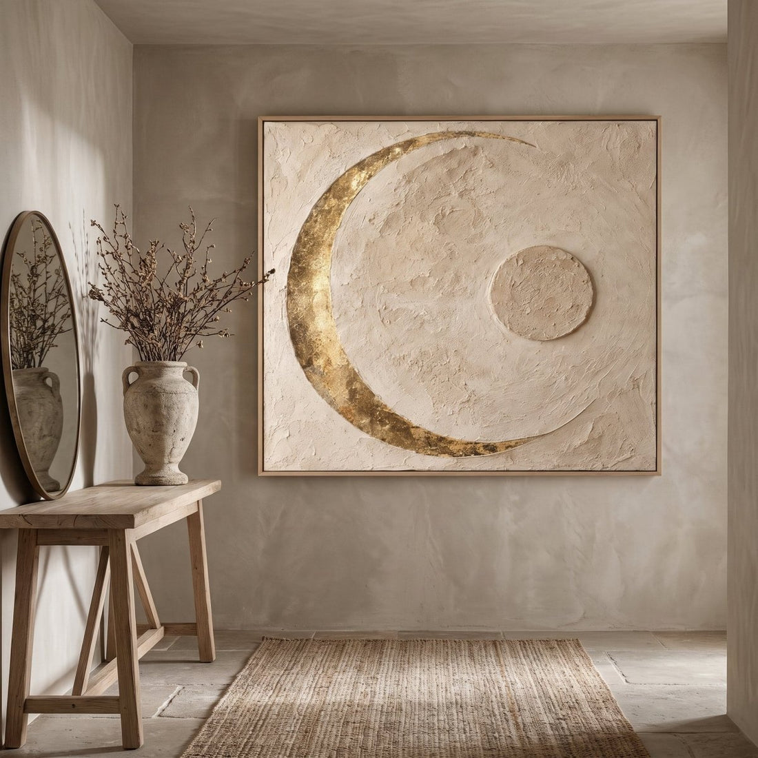 Moon Wall Art – Oversized Gilded Crescent Plaster Textured Look Canvas for Bedroom - Sense for Decor