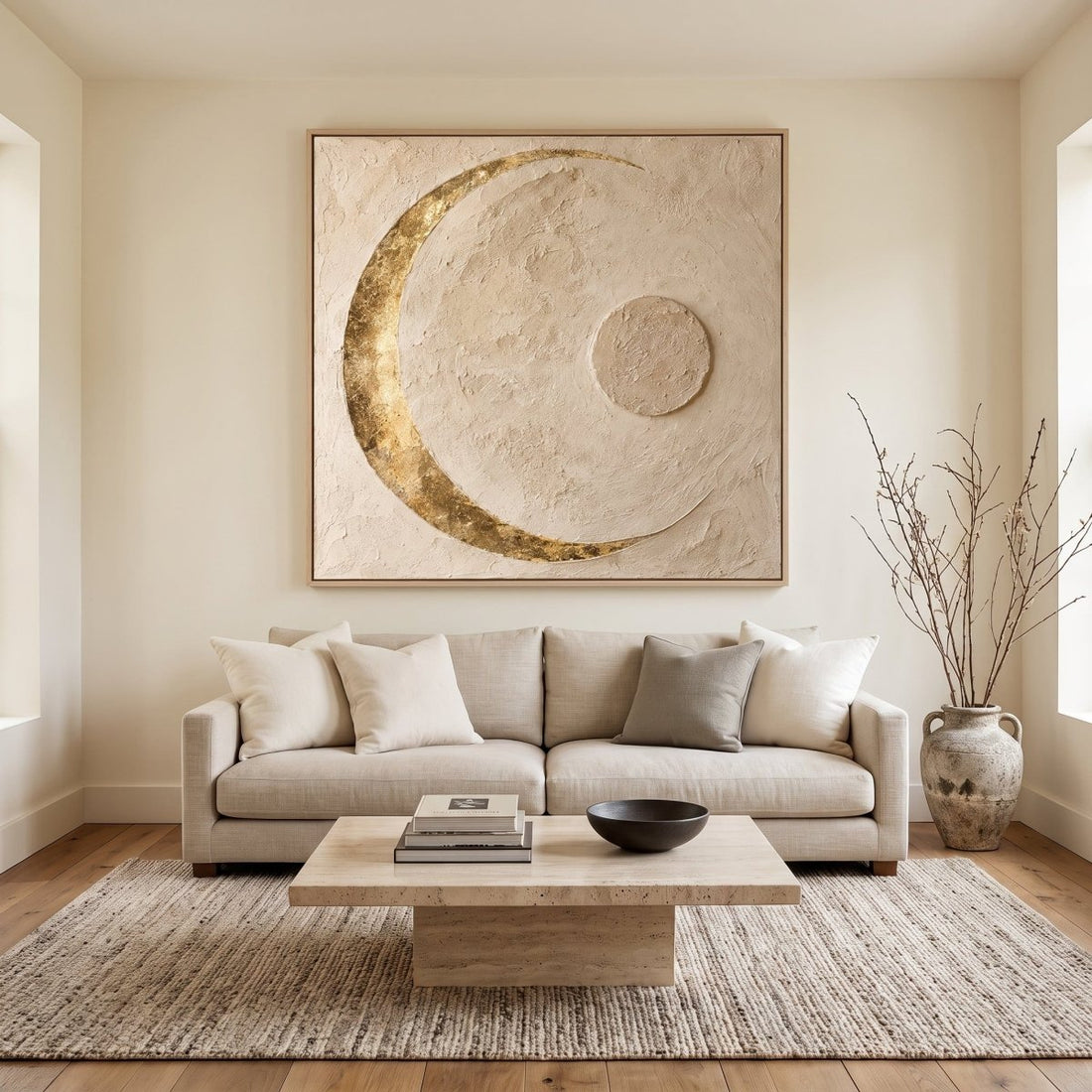 Moon Wall Art – Oversized Gilded Crescent Plaster Textured Look Canvas for Bedroom - Sense for Decor