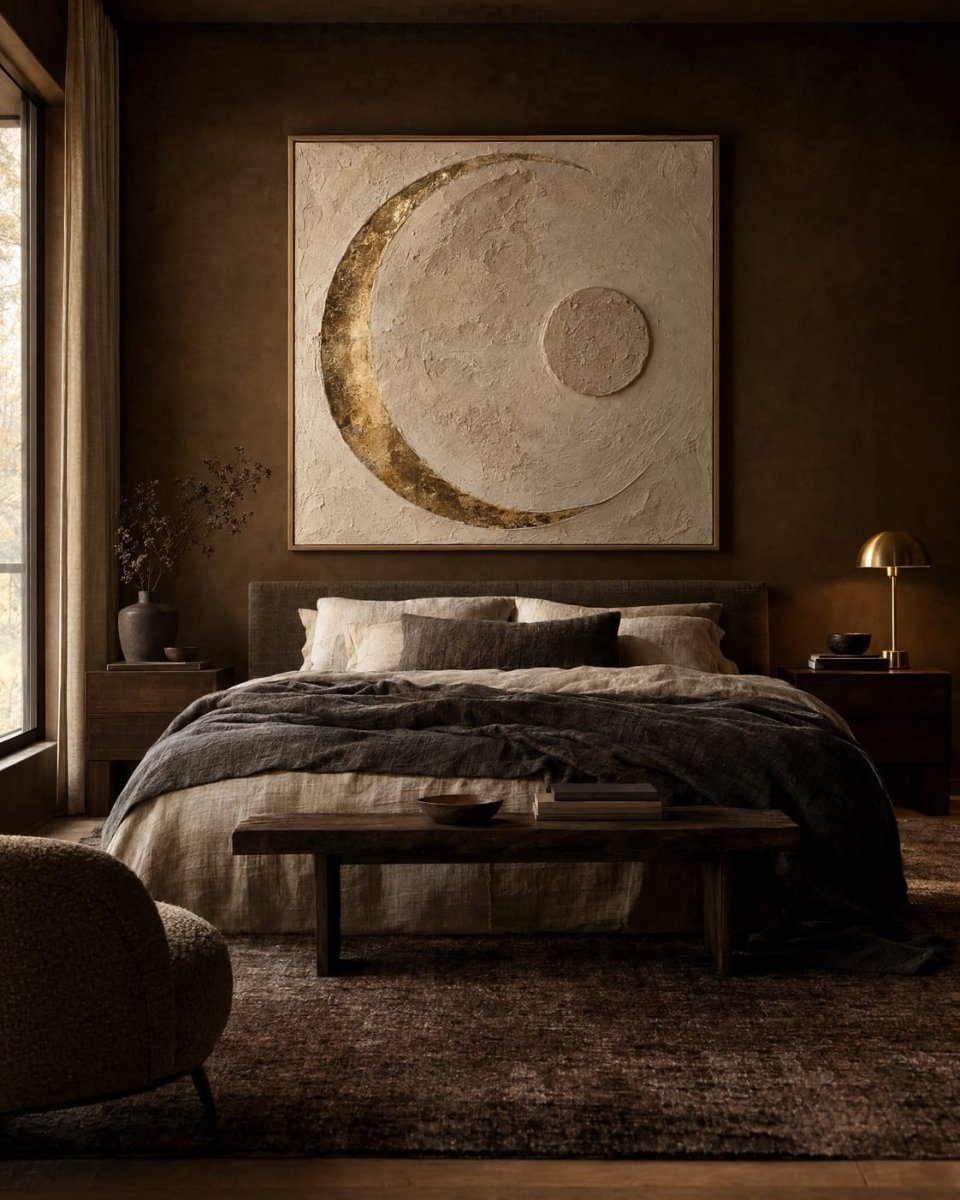 Moon Wall Art – Oversized Gilded Crescent Plaster Textured Look Canvas for Bedroom - Sense for Decor