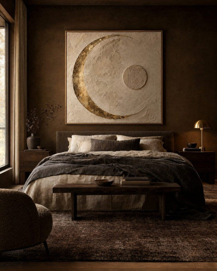 Moon Wall Art – Oversized Gilded Crescent Plaster Textured Look Canvas for Bedroom - Sense for Decor