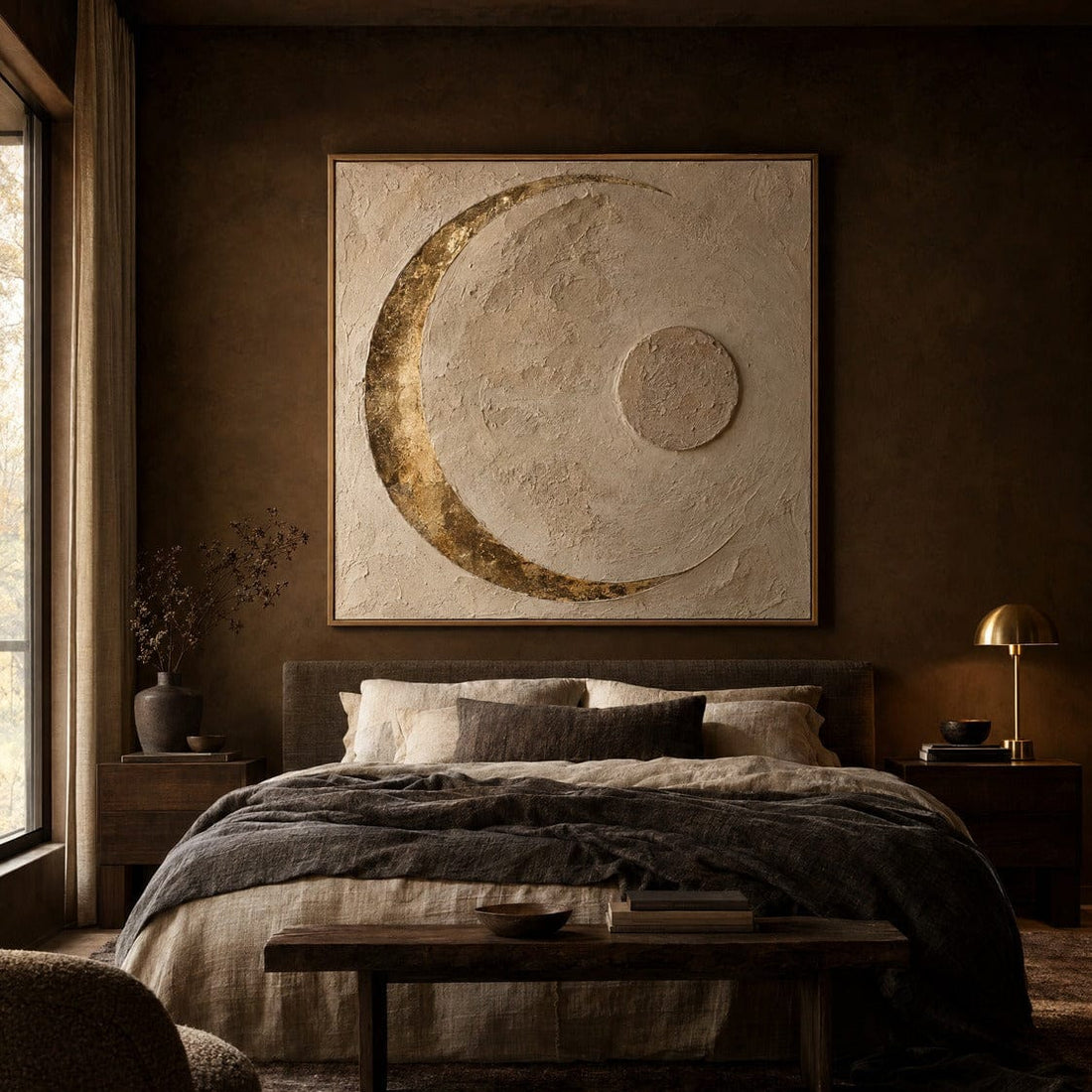 Moon Wall Art – Oversized Gilded Crescent Plaster Textured Look Canvas for Bedroom - Sense for Decor