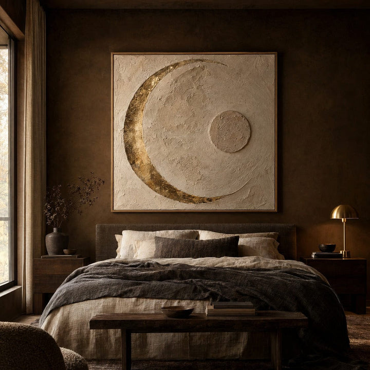 Moon Wall Art – Oversized Gilded Crescent Plaster Textured Look Canvas for Bedroom - Sense for Decor